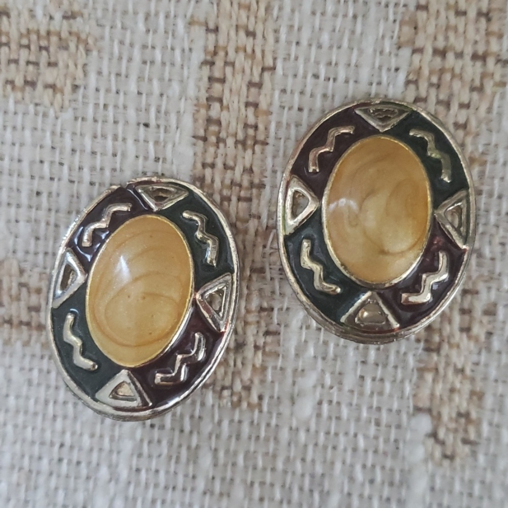 Vintage 80s Oval Colorful Clip On Earrings